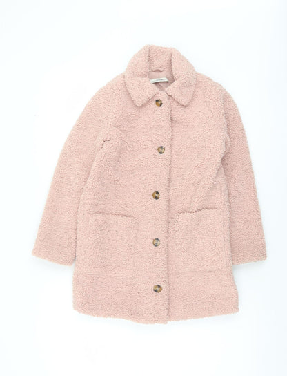 George Girls Pink Teddy Fleece Mid-Length Coat 7-8 Years Button Up