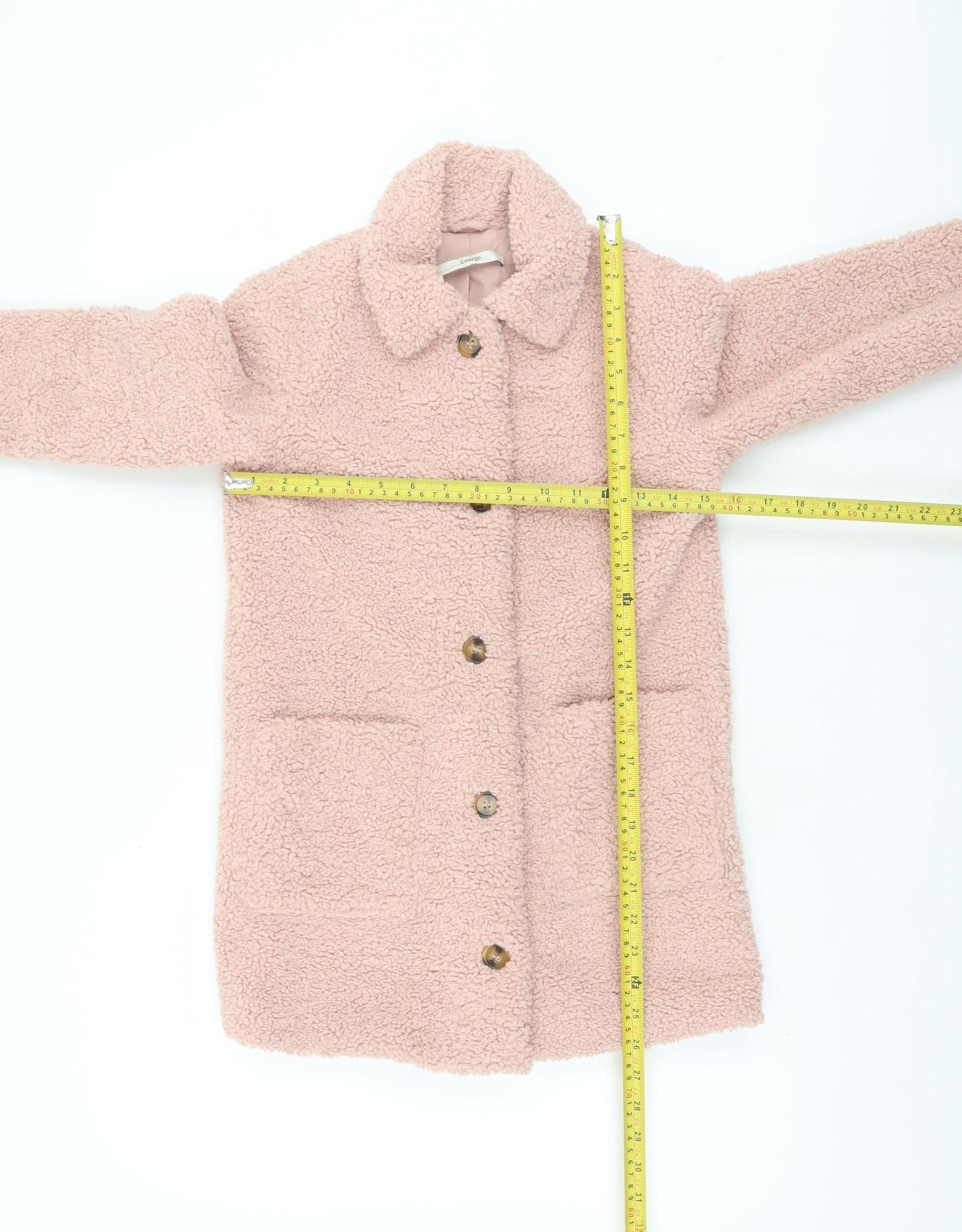 George Girls Pink Teddy Fleece Mid-Length Coat 7-8 Years Button Up