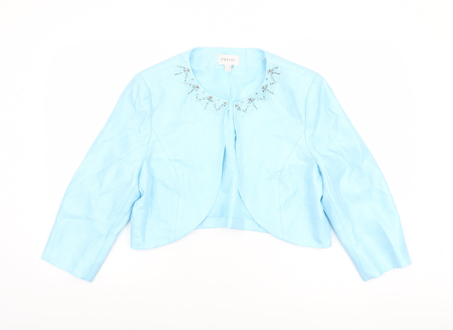 Precis Women Blue Cropped Suit Jacket Size 18 Beaded Linen Blend