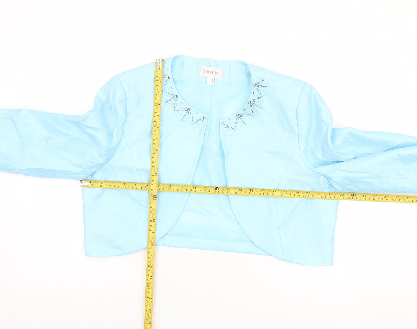 Precis Women Blue Cropped Suit Jacket Size 18 Beaded Linen Blend