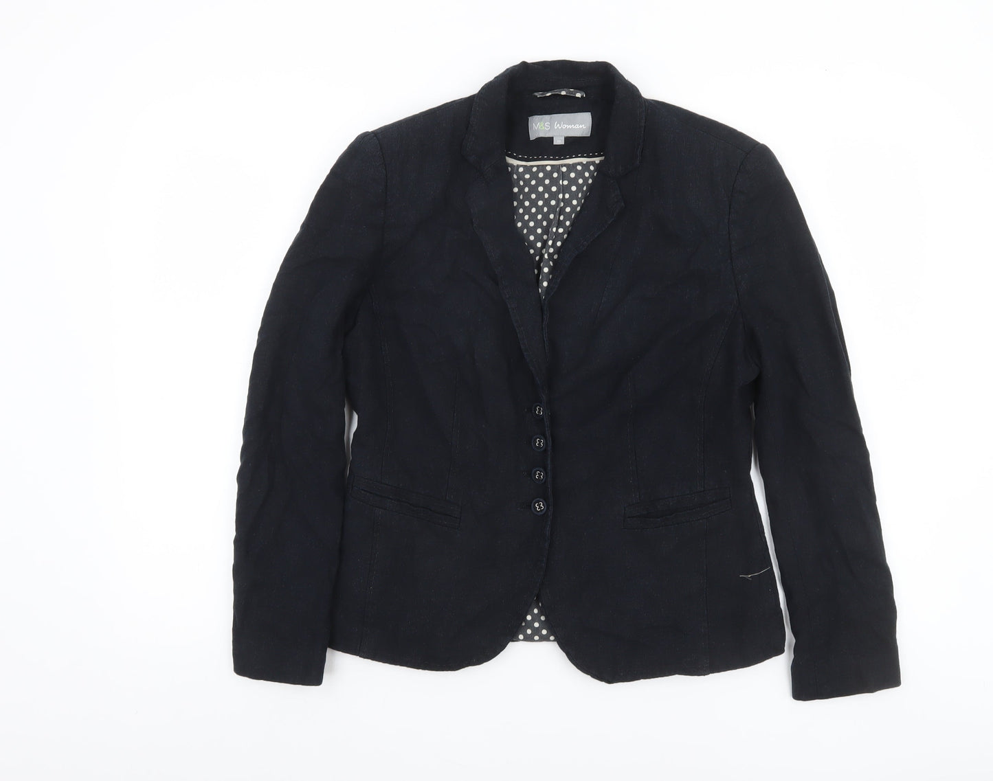 Marks and Spencer Women Black Linen Blend Blazer Size 12 Single Breasted