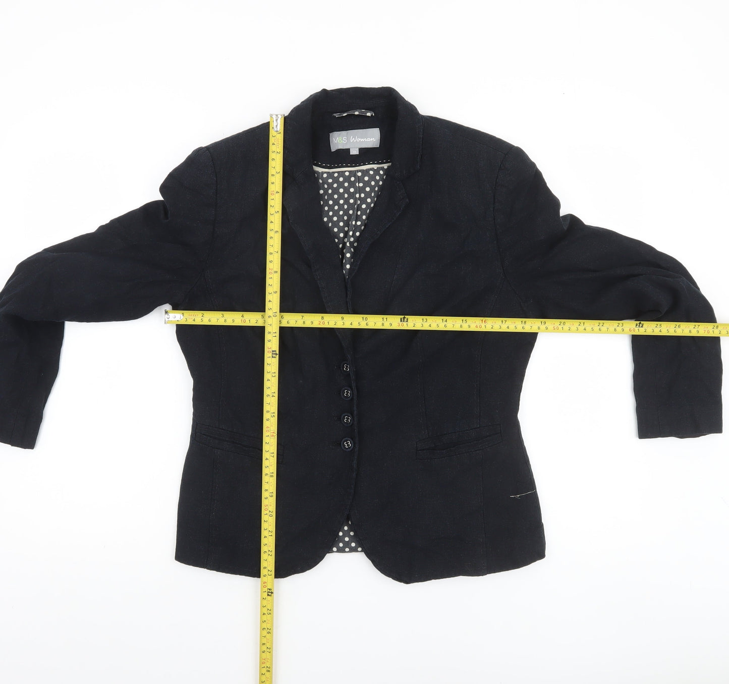 Marks and Spencer Women Black Linen Blend Blazer Size 12 Single Breasted