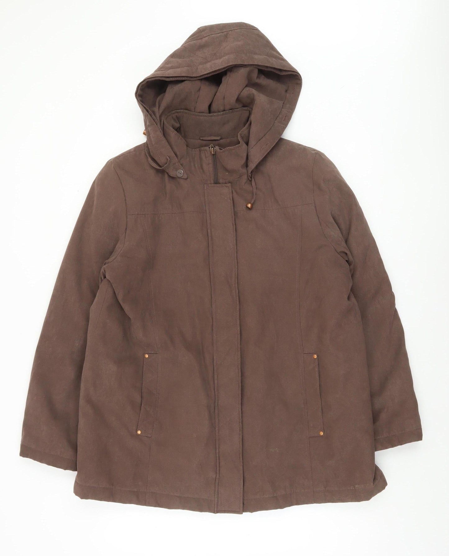 Bm Women Brown Hooded Parka Coat M Mid-Length Polyester