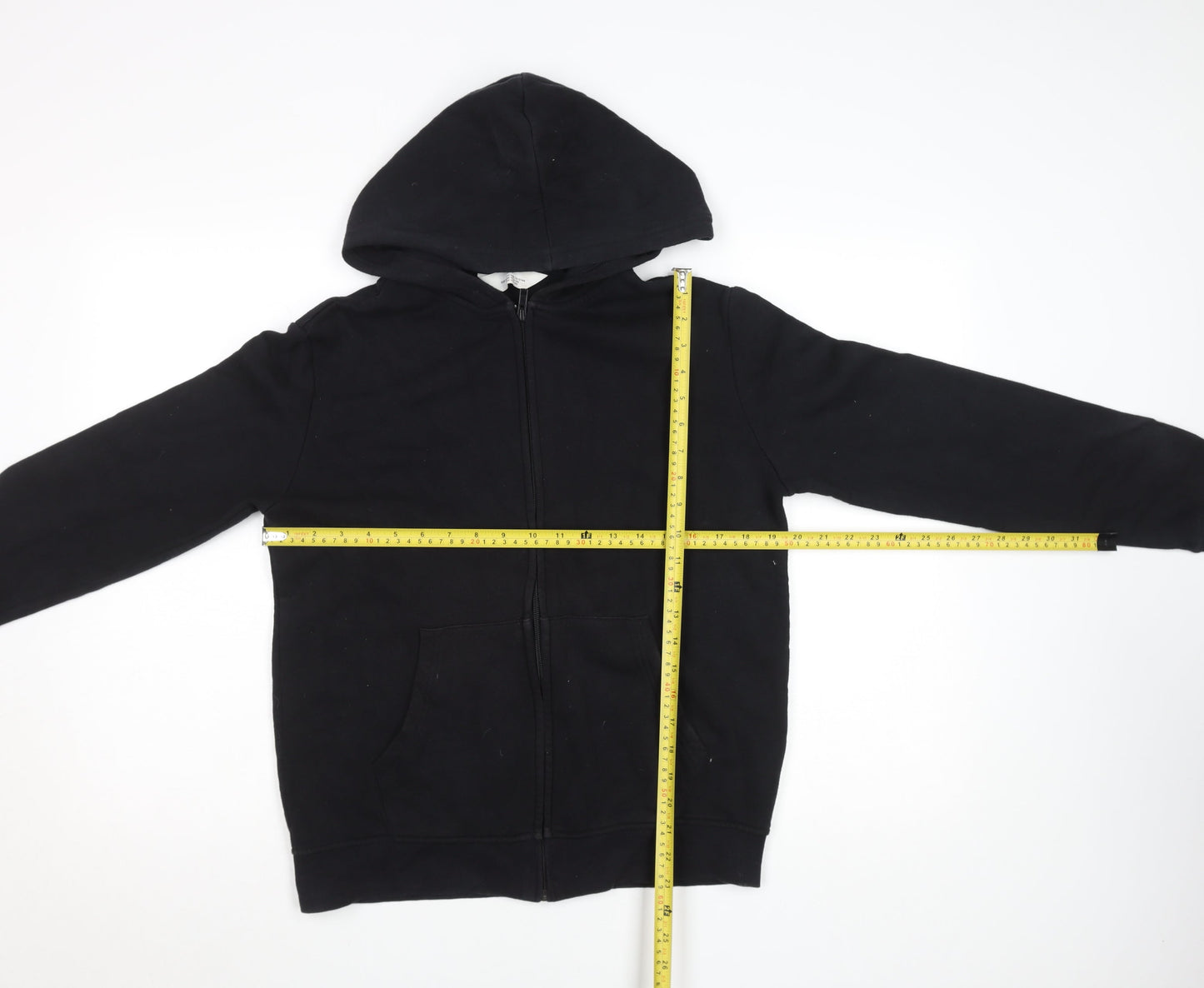 H&M Teens Black Full Zip Hoodie, Size 13-14 Years, Cotton Blend
