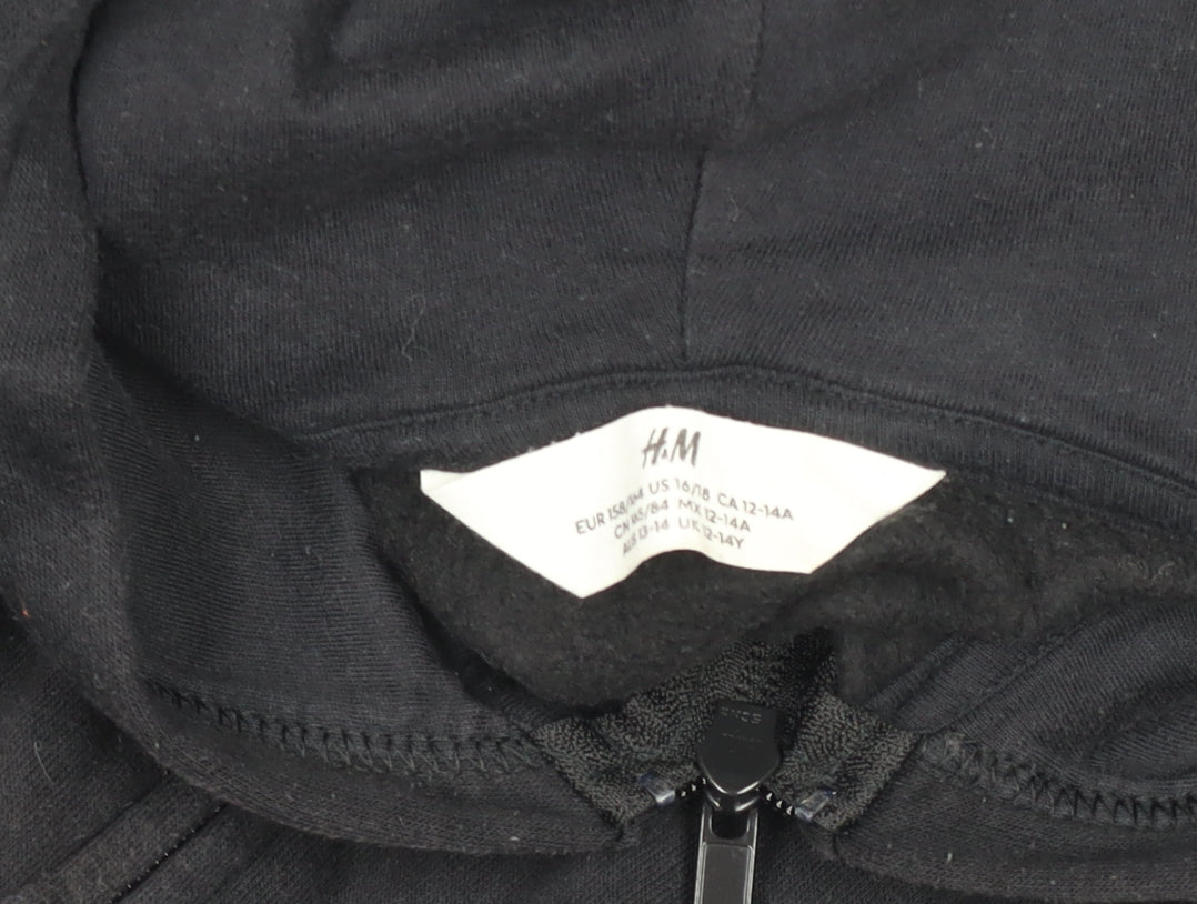 H&M Teens Black Full Zip Hoodie, Size 13-14 Years, Cotton Blend