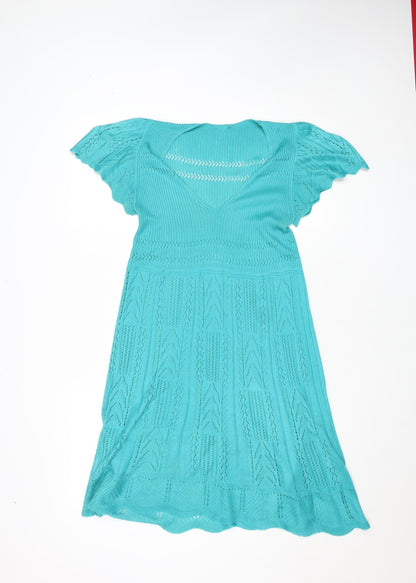 Oasis Women Blue Knit Fit & Flare Flutter Sleeve Dress L