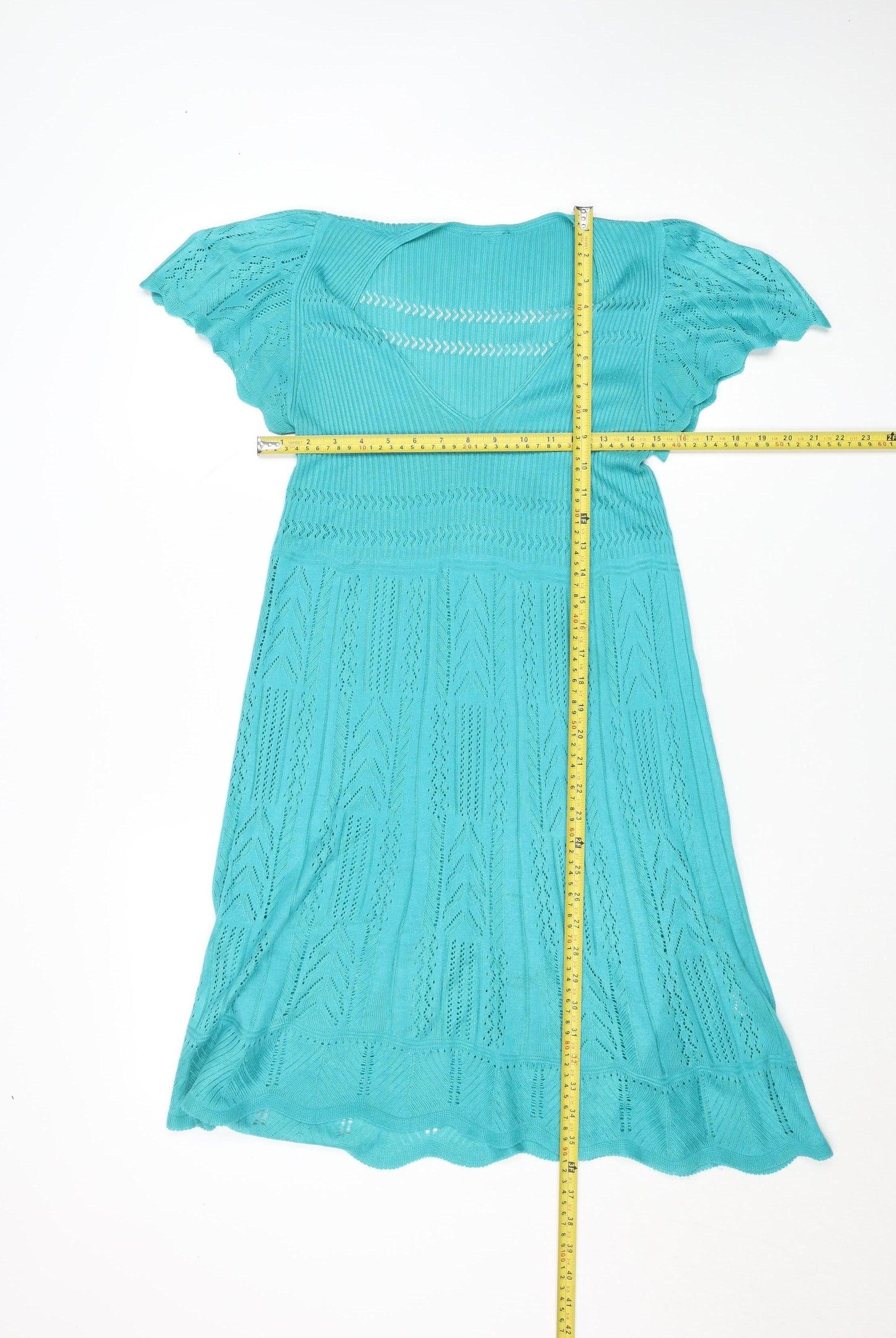 Oasis Women Blue Knit Fit & Flare Flutter Sleeve Dress L