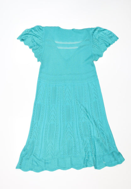 Oasis Women Blue Knit Fit & Flare Flutter Sleeve Dress L