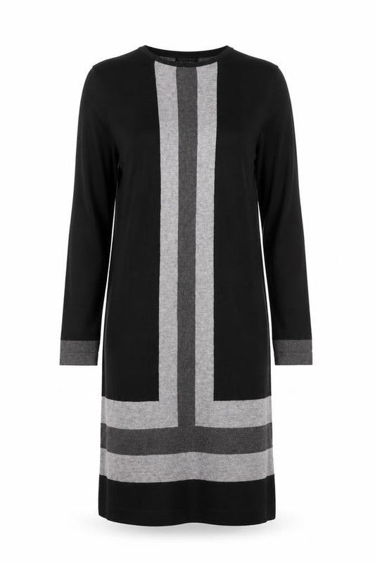 Front view of Linea Women’s Black Grey Colourblock Knit Shift Dress, size UK 12