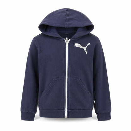 Front view of Puma boys’ blue full zip hoodie, size XS, 5-6 years cotton blend