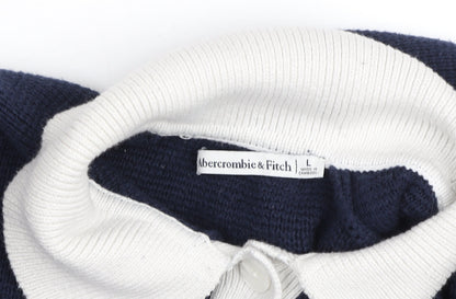 Abercrombie & Fitch Men's Blue Collared Henley Jumper Size L