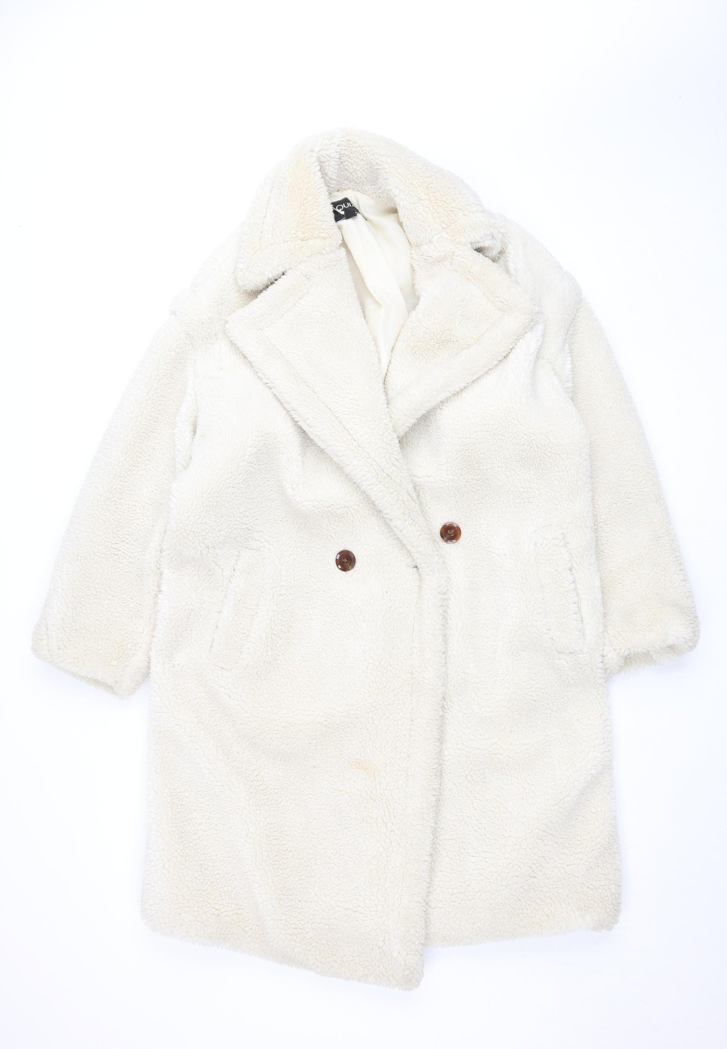 Quiz Women Ivory Fleece Mid-Length Button Coat Size 10