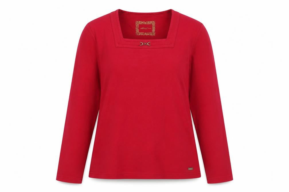 Dash Women Red Long Sleeve Square Neck Stretch Cotton Top Size 18