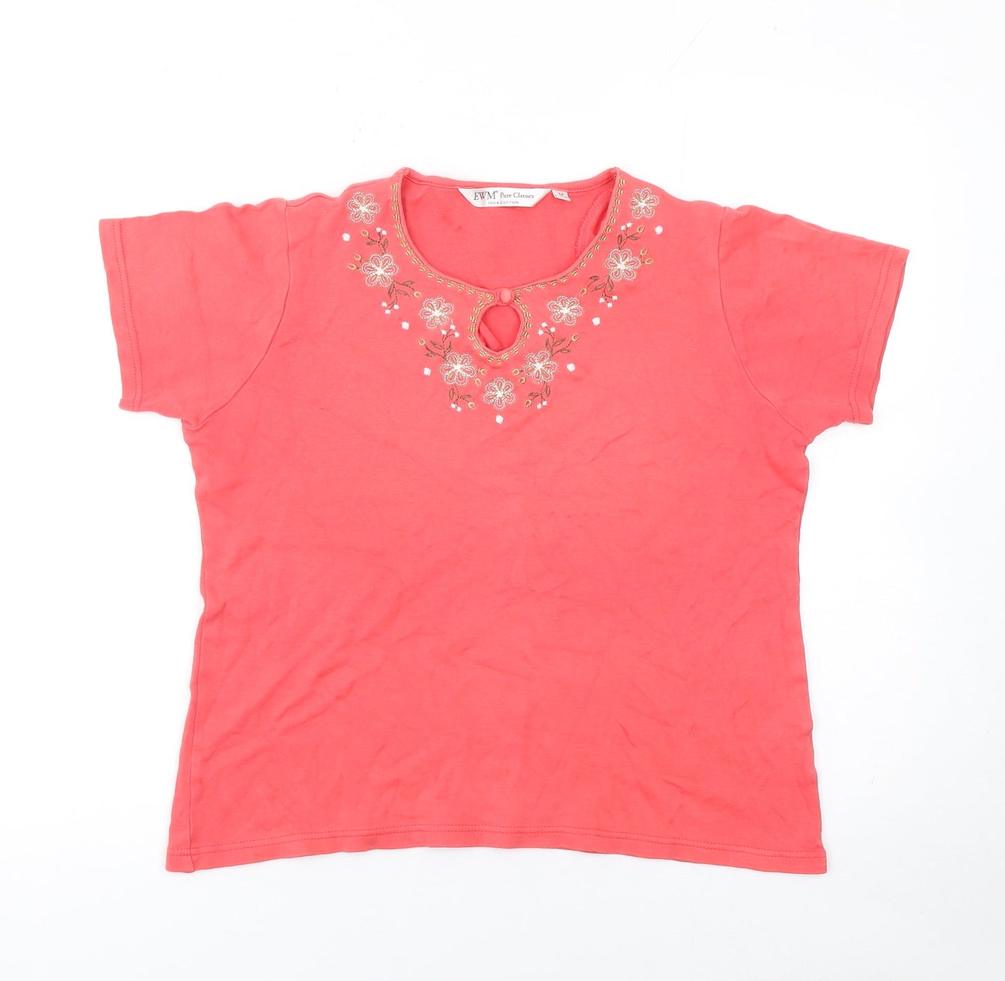 EWM Women Pink Embroidered Floral Cotton T-Shirt Size 14-16