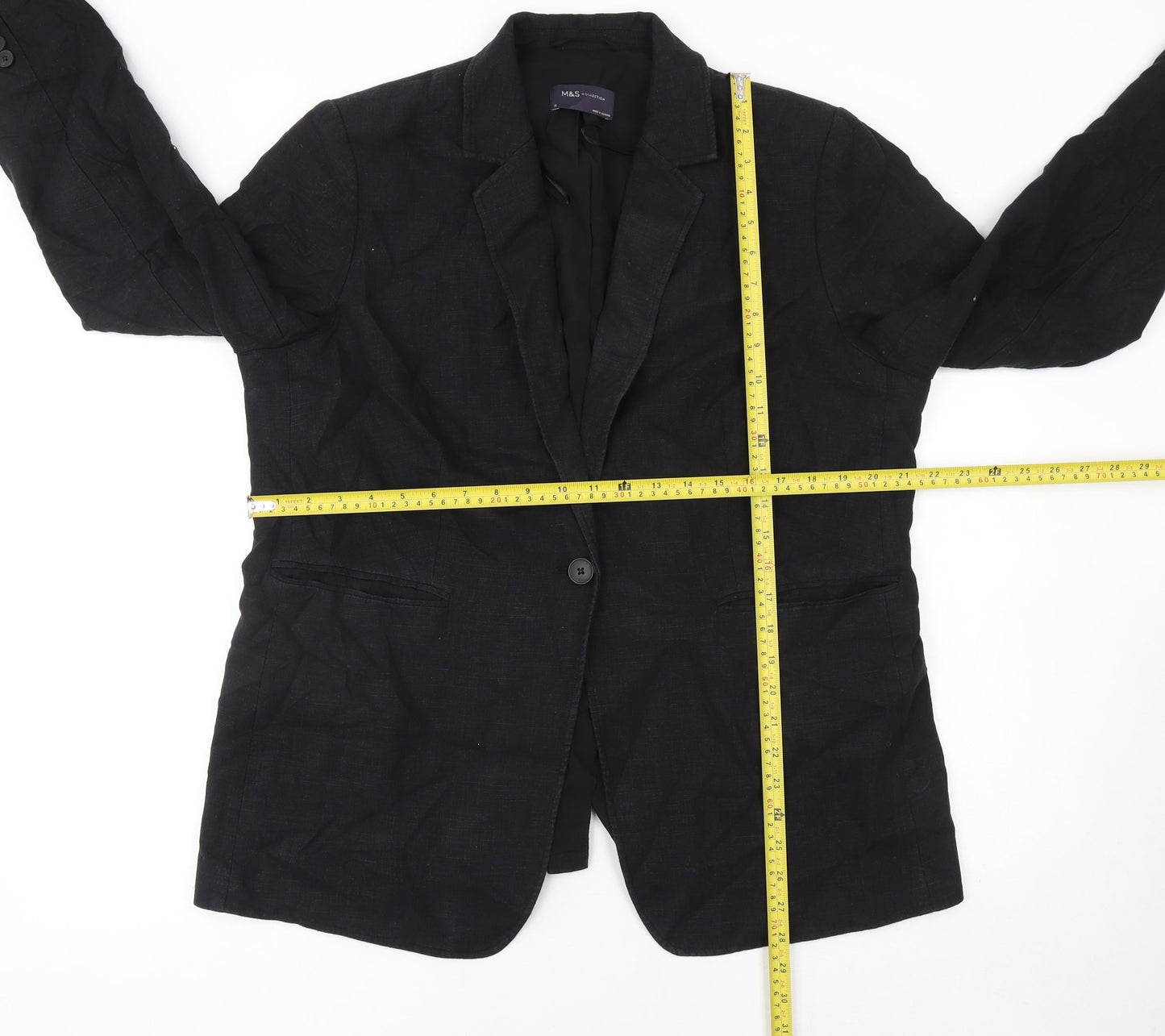 Marks and Spencer Women Black Linen Blend Single-Breasted Blazer Size 18