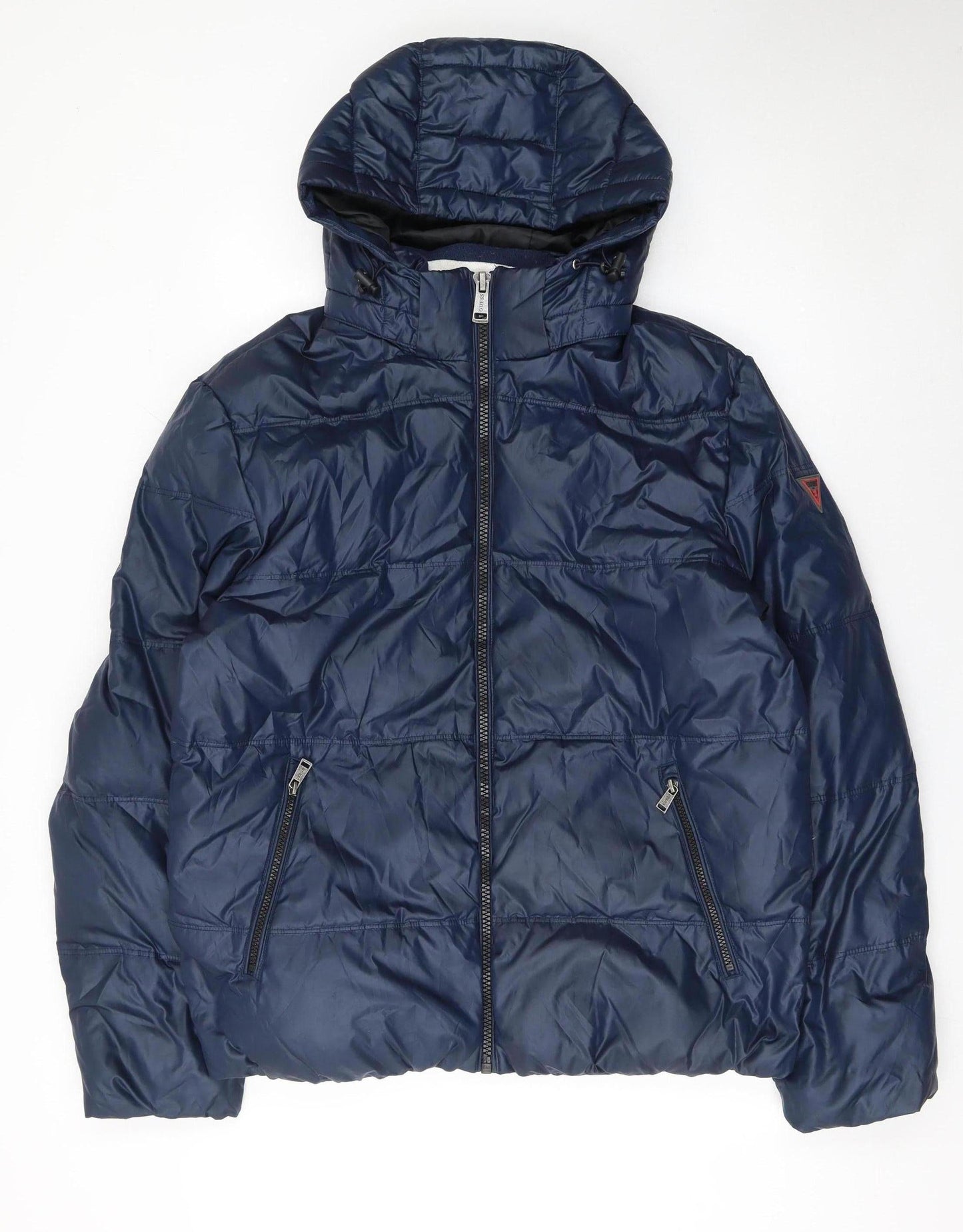 Guess Women Navy Blue Puffer Jacket XL Hooded Winter Coat