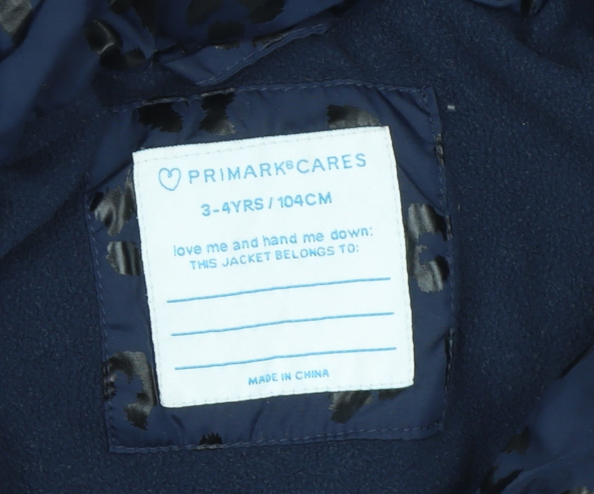 Primark Girls Blue Animal Print Hooded Puffer Jacket 3-4 Years Winter Coat