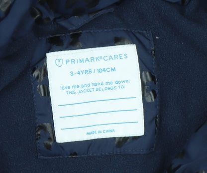 Primark Girls Blue Animal Print Hooded Puffer Jacket 3-4 Years Winter Coat