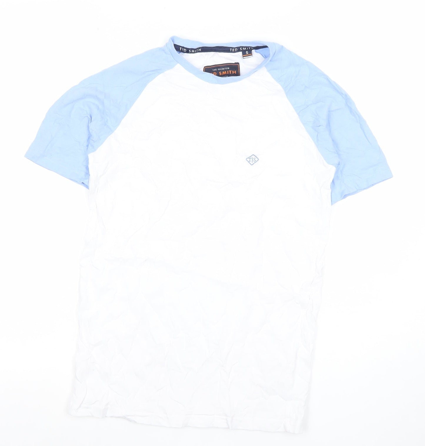Ted Smith Men's White Blue Short Sleeve Crew Neck Cotton T-Shirt Size S