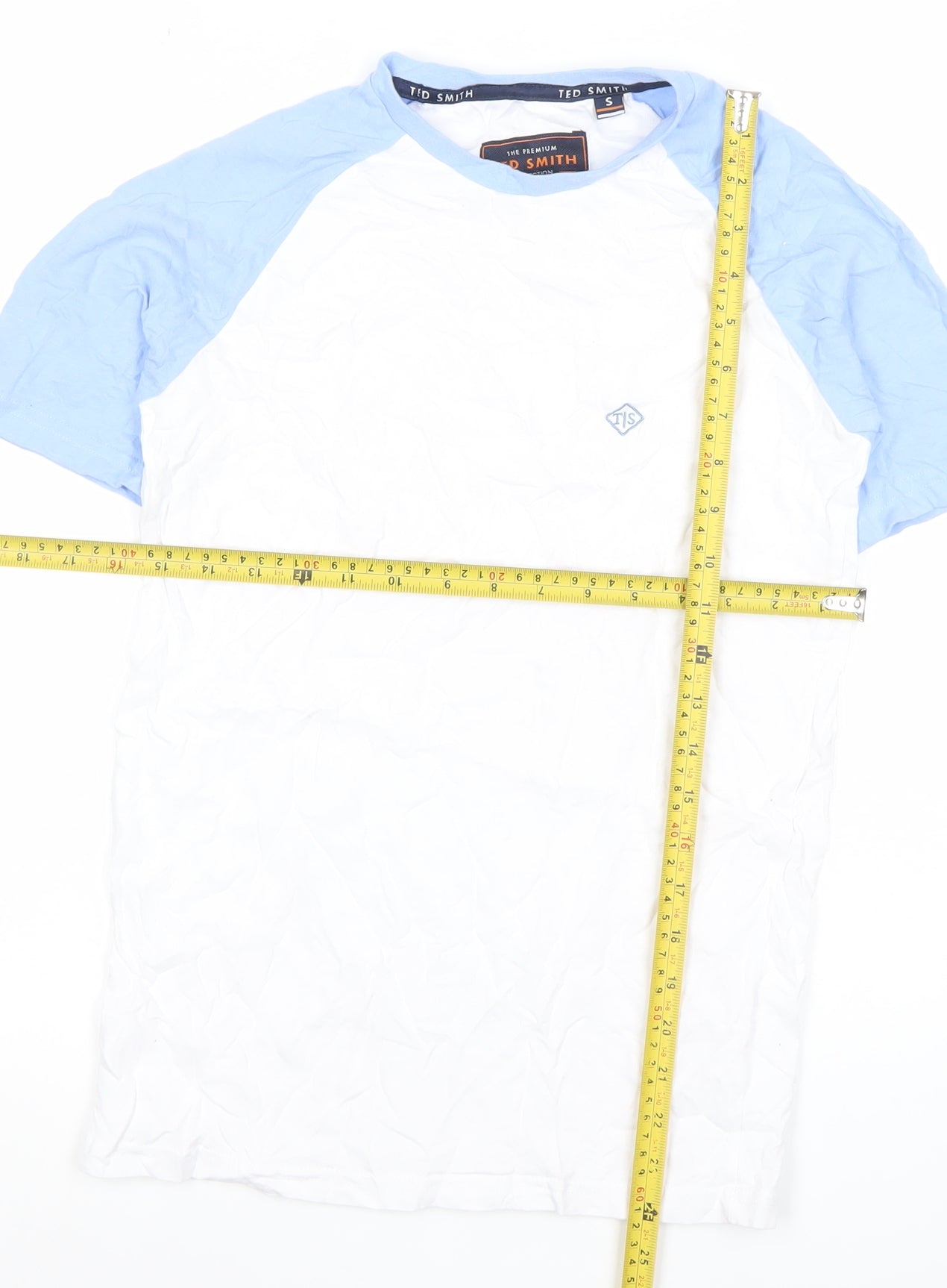 Ted Smith Men's White Blue Short Sleeve Crew Neck Cotton T-Shirt Size S