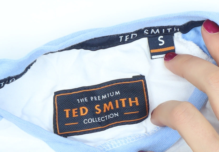 Ted Smith Men's White Blue Short Sleeve Crew Neck Cotton T-Shirt Size S