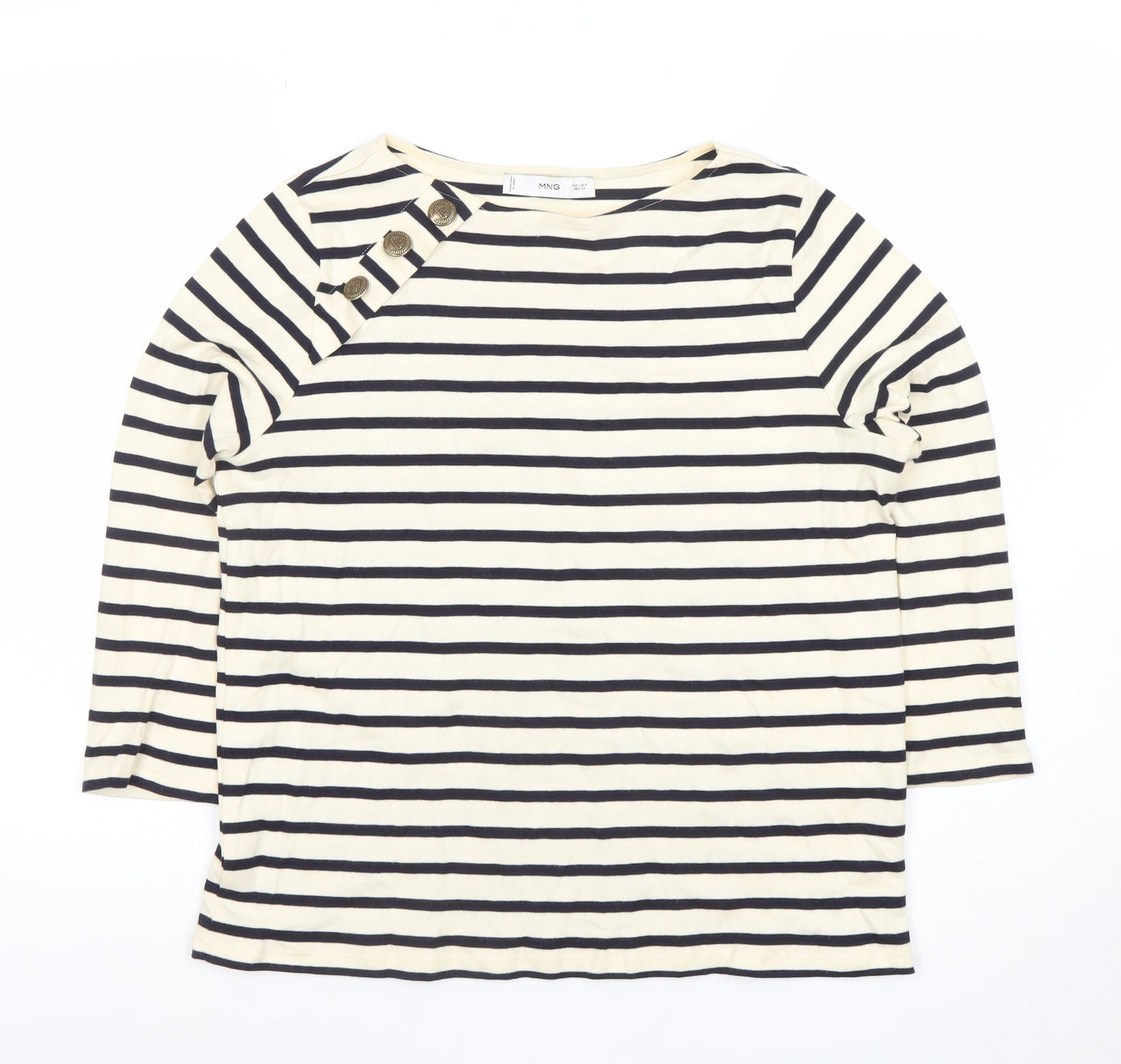 MNG Women's White Striped Boat Neck 3/4 Sleeve Cotton Top S