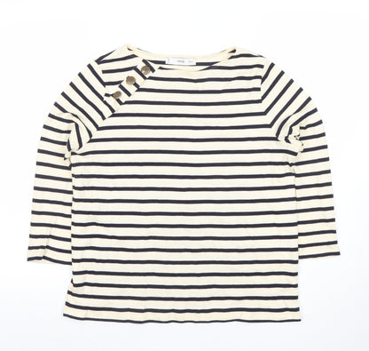 MNG Women's White Striped Boat Neck 3/4 Sleeve Cotton Top S