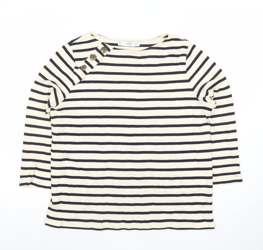 MNG Women's White Striped Boat Neck 3/4 Sleeve Cotton Top S