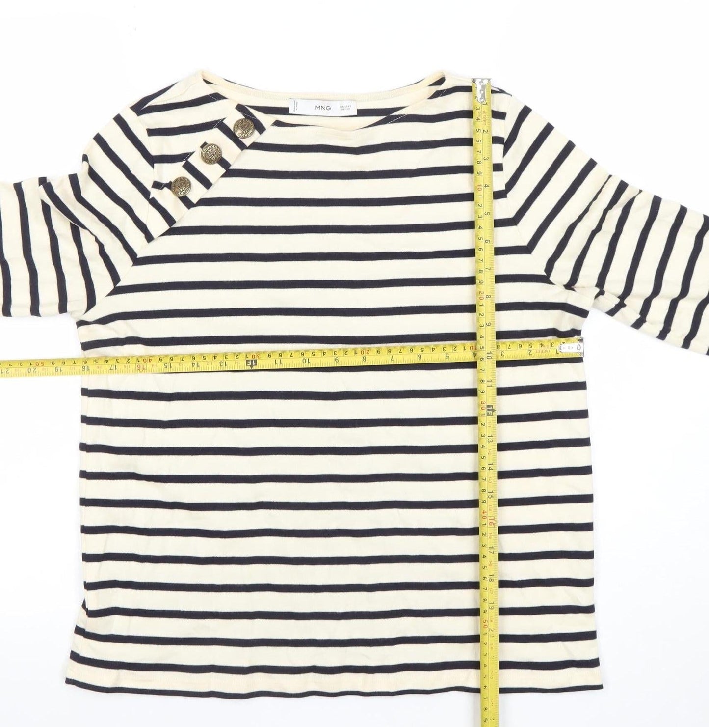 MNG Women's White Striped Boat Neck 3/4 Sleeve Cotton Top S