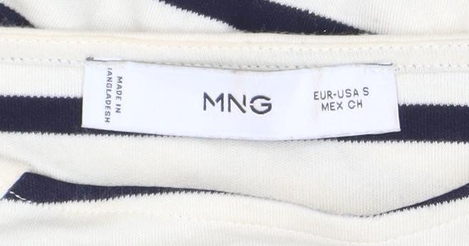 MNG Women's White Striped Boat Neck 3/4 Sleeve Cotton Top S