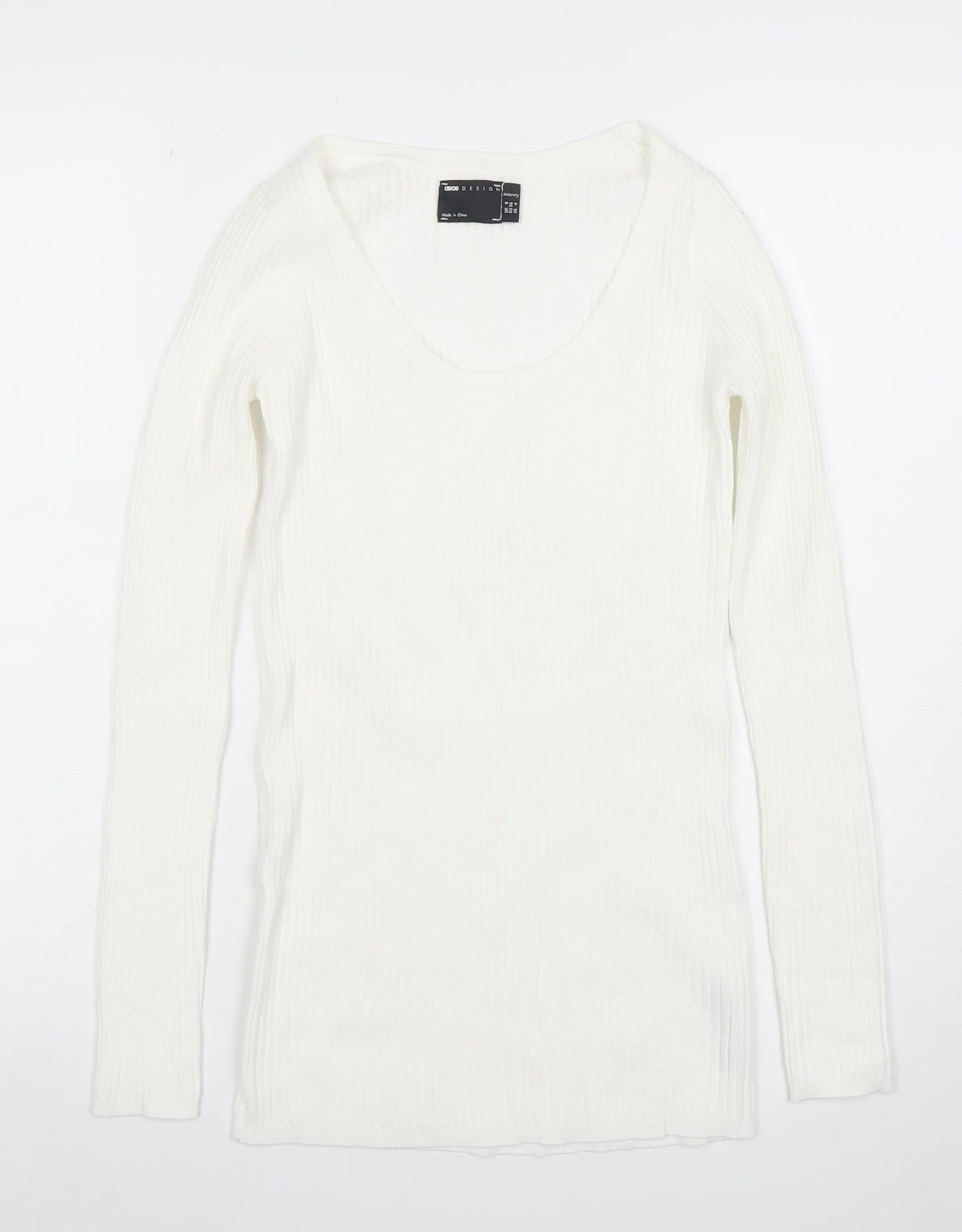 ASOS DESIGN Womens White Size 8 Slim Fit Ribbed Long Sleeve Top