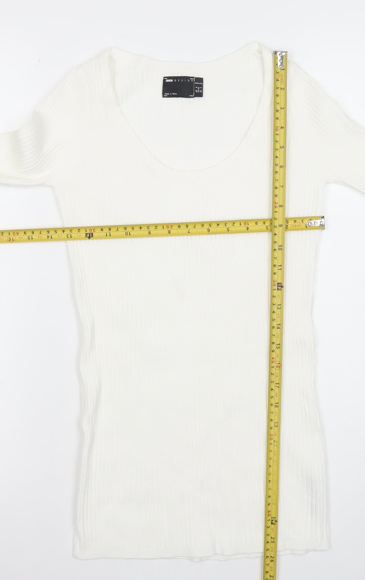 ASOS DESIGN Womens White Size 8 Slim Fit Ribbed Long Sleeve Top