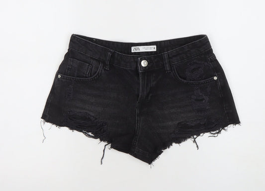 ZARA Women Black Cut-Off Denim Shorts Size XS High Rise