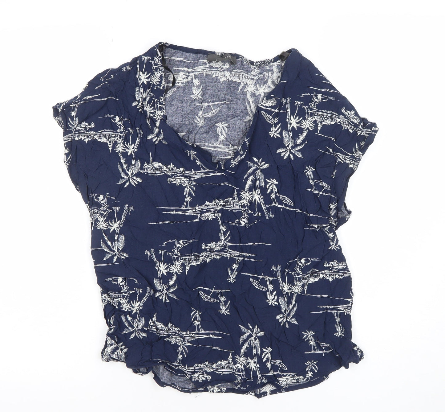 Primark Women's Blue Tropical Short Sleeve Viscose Tunic Blouse Size 14