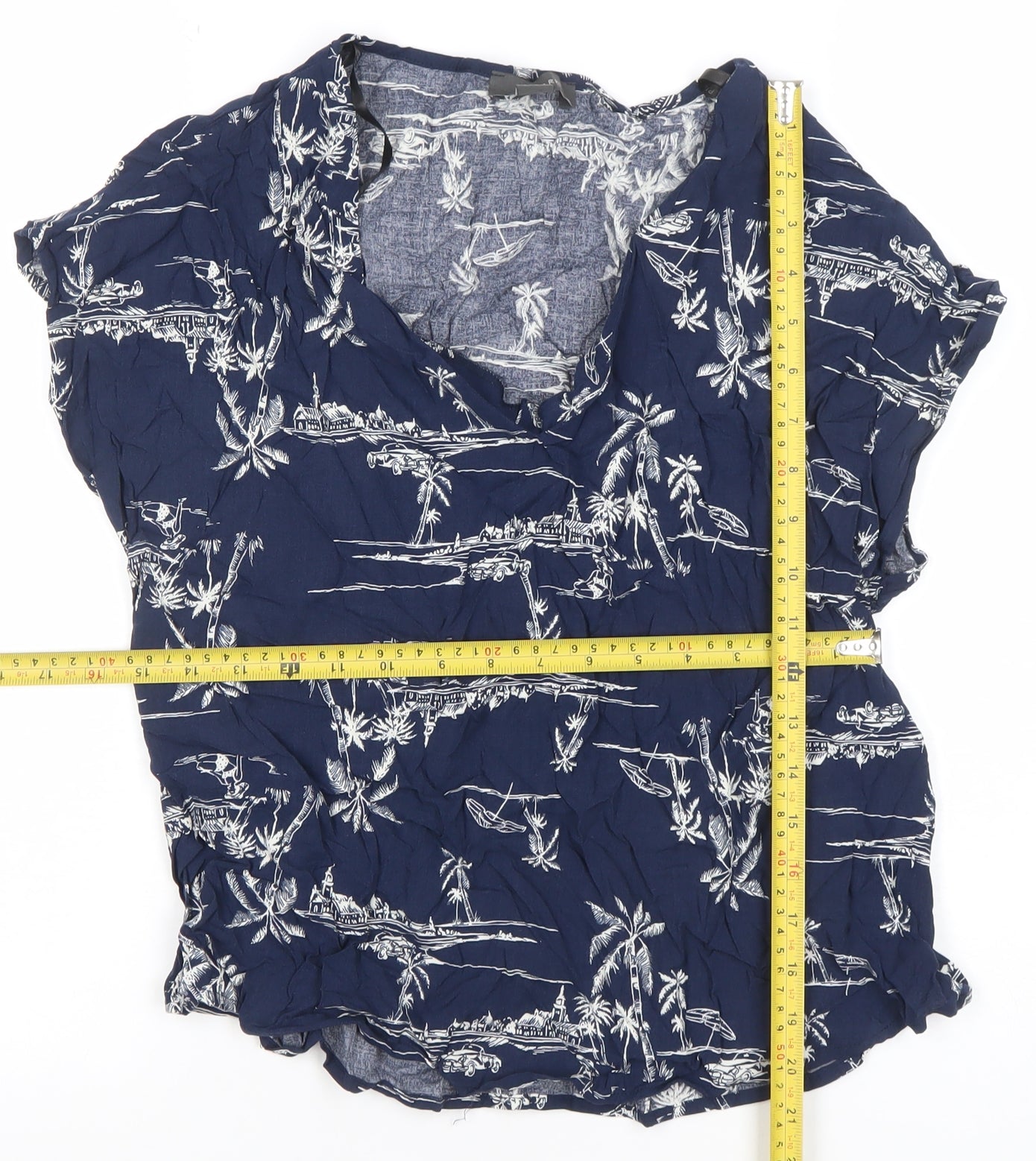 Primark Women's Blue Tropical Short Sleeve Viscose Tunic Blouse Size 14