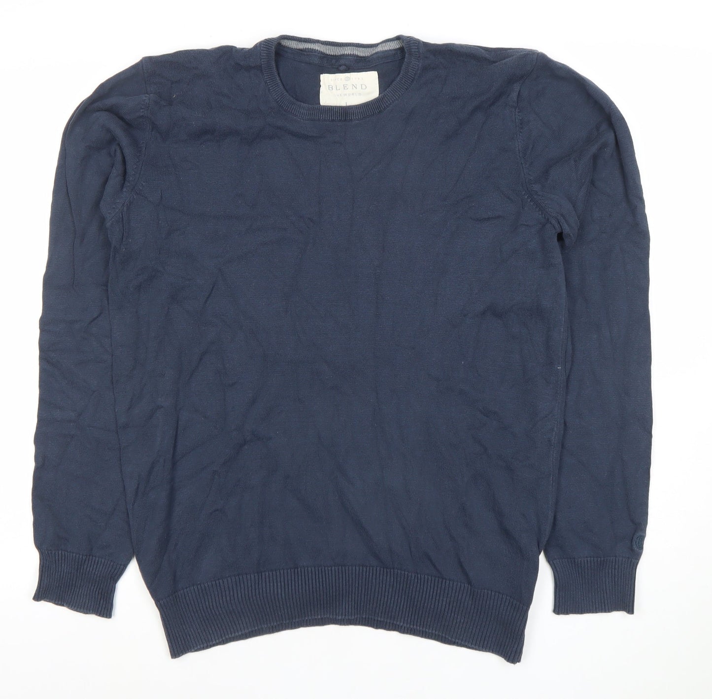 Blend Men's Blue Cotton Crew Neck Long Sleeve Pullover Jumper L