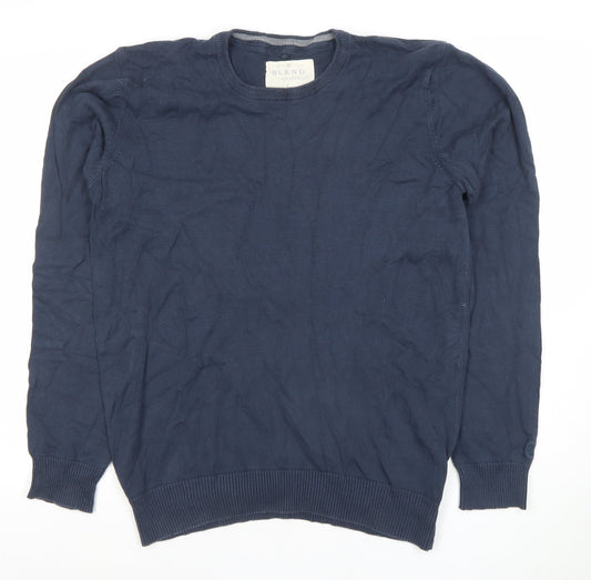 Blend Men's Blue Cotton Crew Neck Long Sleeve Pullover Jumper L