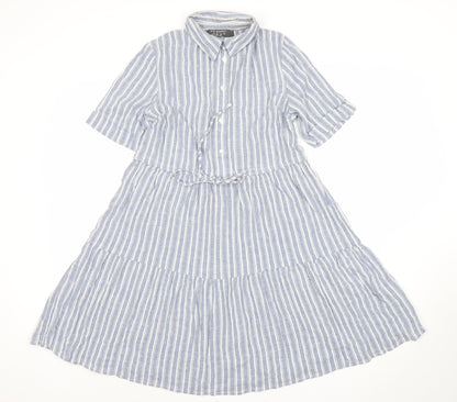 Primark Womens Blue Striped Shirt Dress Size 8 Midi Cotton Blend