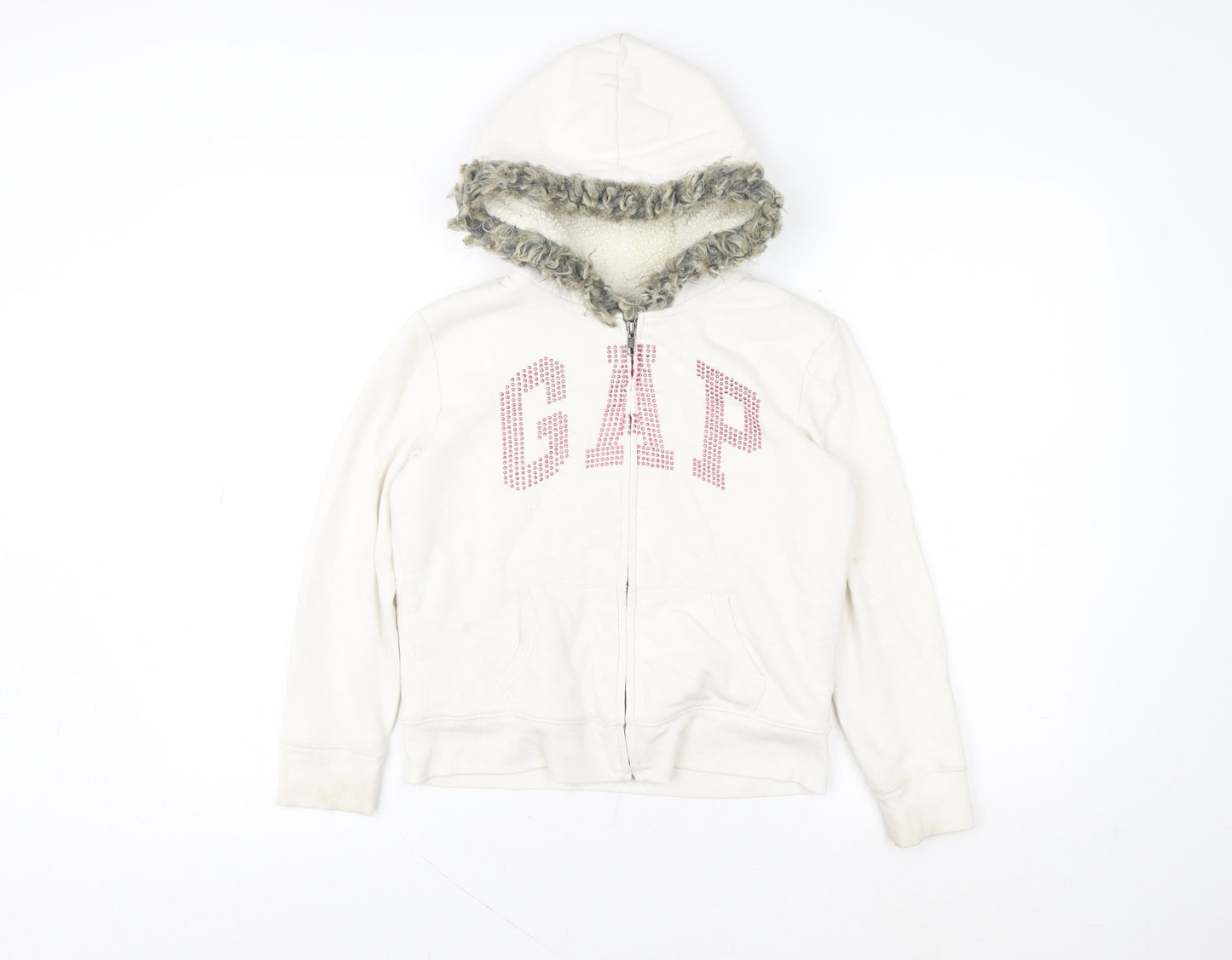 GAP Kids Girls Ivory Full Zip Hoodie Faux Fur Hood Size 8-9 Years