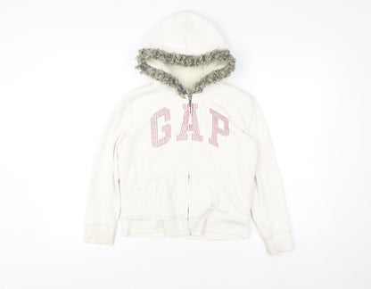 GAP Kids Girls Ivory Full Zip Hoodie Faux Fur Hood Size 8-9 Years