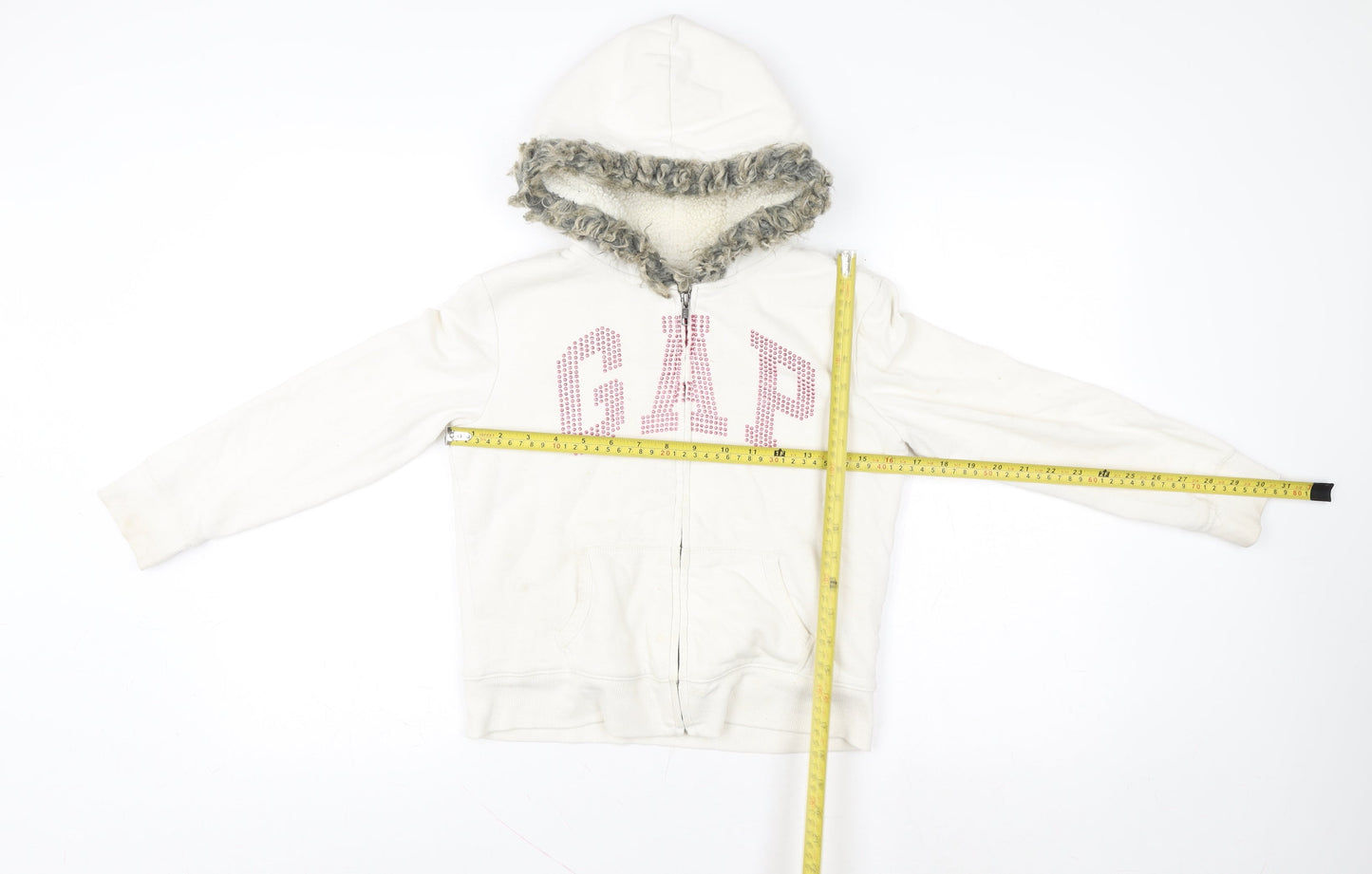 GAP Kids Girls Ivory Full Zip Hoodie Faux Fur Hood Size 8-9 Years