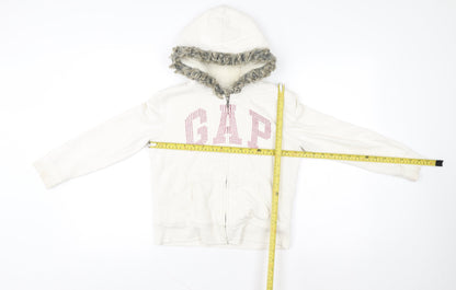 GAP Kids Girls Ivory Full Zip Hoodie Faux Fur Hood Size 8-9 Years