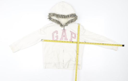 GAP Kids Girls Ivory Full Zip Hoodie Faux Fur Hood Size 8-9 Years