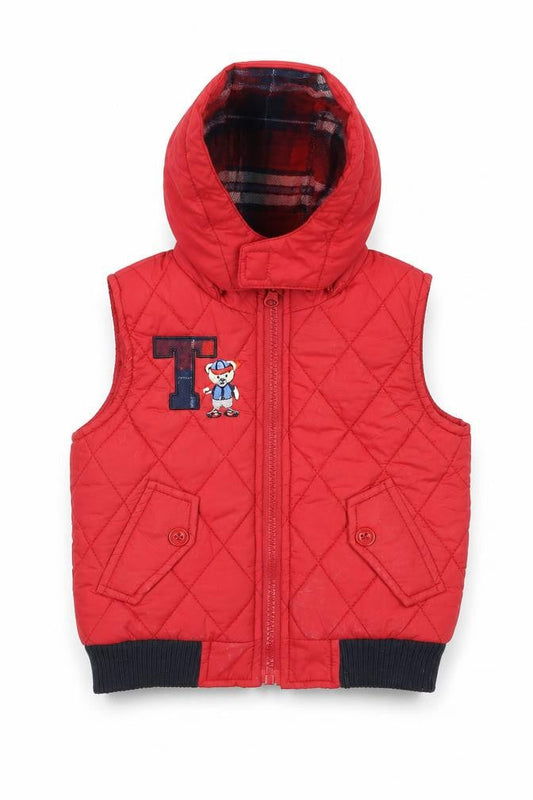 Front view of Tom & Kiddy Red Quilted Hooded Waistcoat 6-9 Months unisex baby jacket