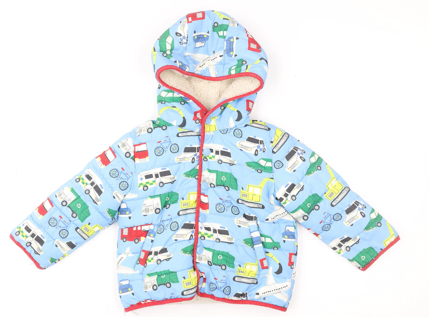 Baby Boden Blue Car Print Hooded Puffer Jacket 18-24 Months Polyester Lined