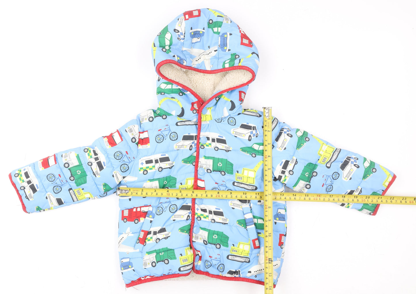 Baby Boden Blue Car Print Hooded Puffer Jacket 18-24 Months Polyester Lined