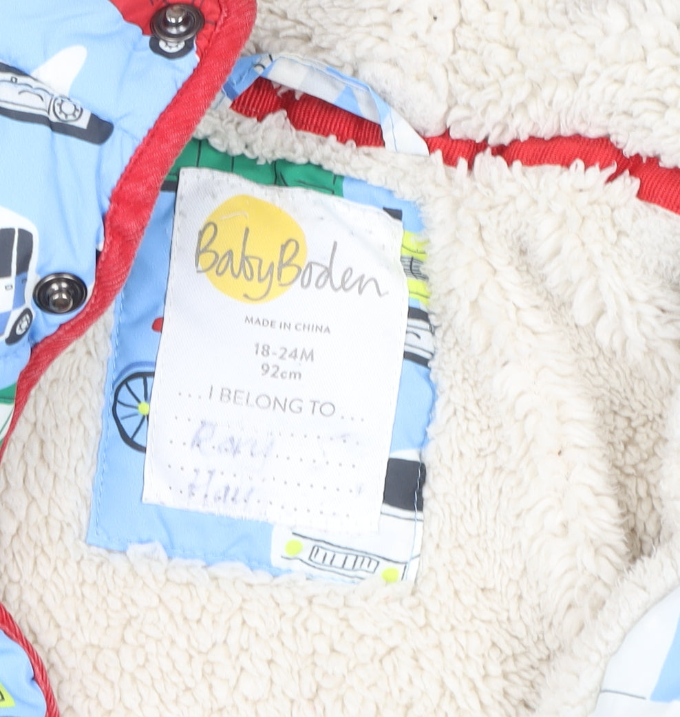 Baby Boden Blue Car Print Hooded Puffer Jacket 18-24 Months Polyester Lined