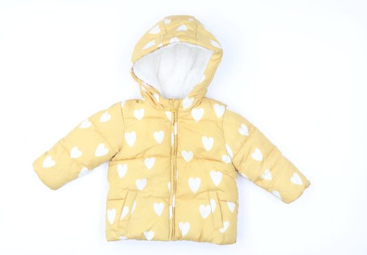 F&F Unisex Baby Yellow Heart Puffer Jacket 6-9 Months Hooded Winter Coat