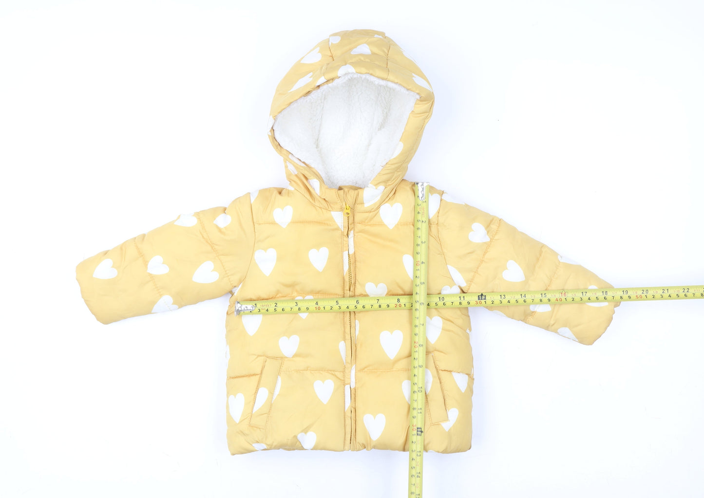 F&F Unisex Baby Yellow Heart Puffer Jacket 6-9 Months Hooded Winter Coat