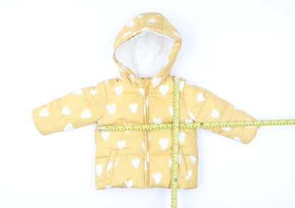 F&F Unisex Baby Yellow Heart Puffer Jacket 6-9 Months Hooded Winter Coat